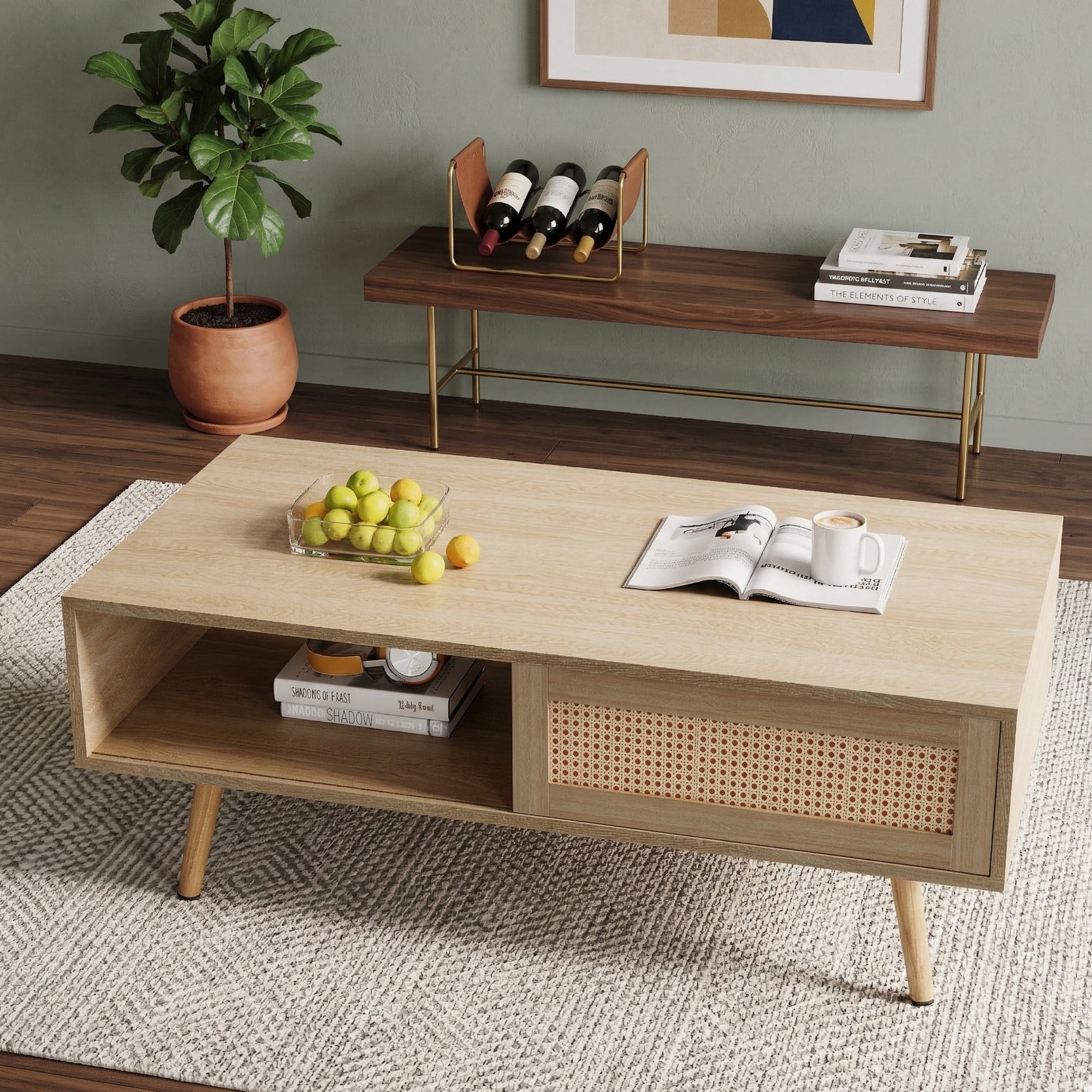 Leumius Modern Coffee Table with Storage,41.3 Inch Rectangle Wooden Accent Center Tables with Sliding PE Rattan Woven Door Panel and Solid Wood Legs, Suitable for Living Room, Apartment,Natural