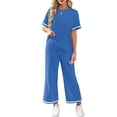 thumbnail image 6 of Women's 2 Piece Sets Summer Casual Short Sleeve Tops Wide Leg Pants Matching Lounge Set Vacation Travel Outfits Blue 2XL, 6 of 6