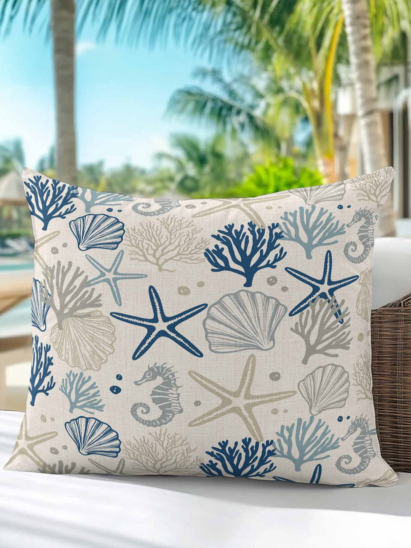 Waterproof Outdoor Throw Pillows with Inserts 18"x18", Blue Beige Coastal Soft Decorative Pillowcases for Couch Bedroom, Summer Beach Starfish Coral Nautical Rustic Pillow Covers for Sofa Living Room