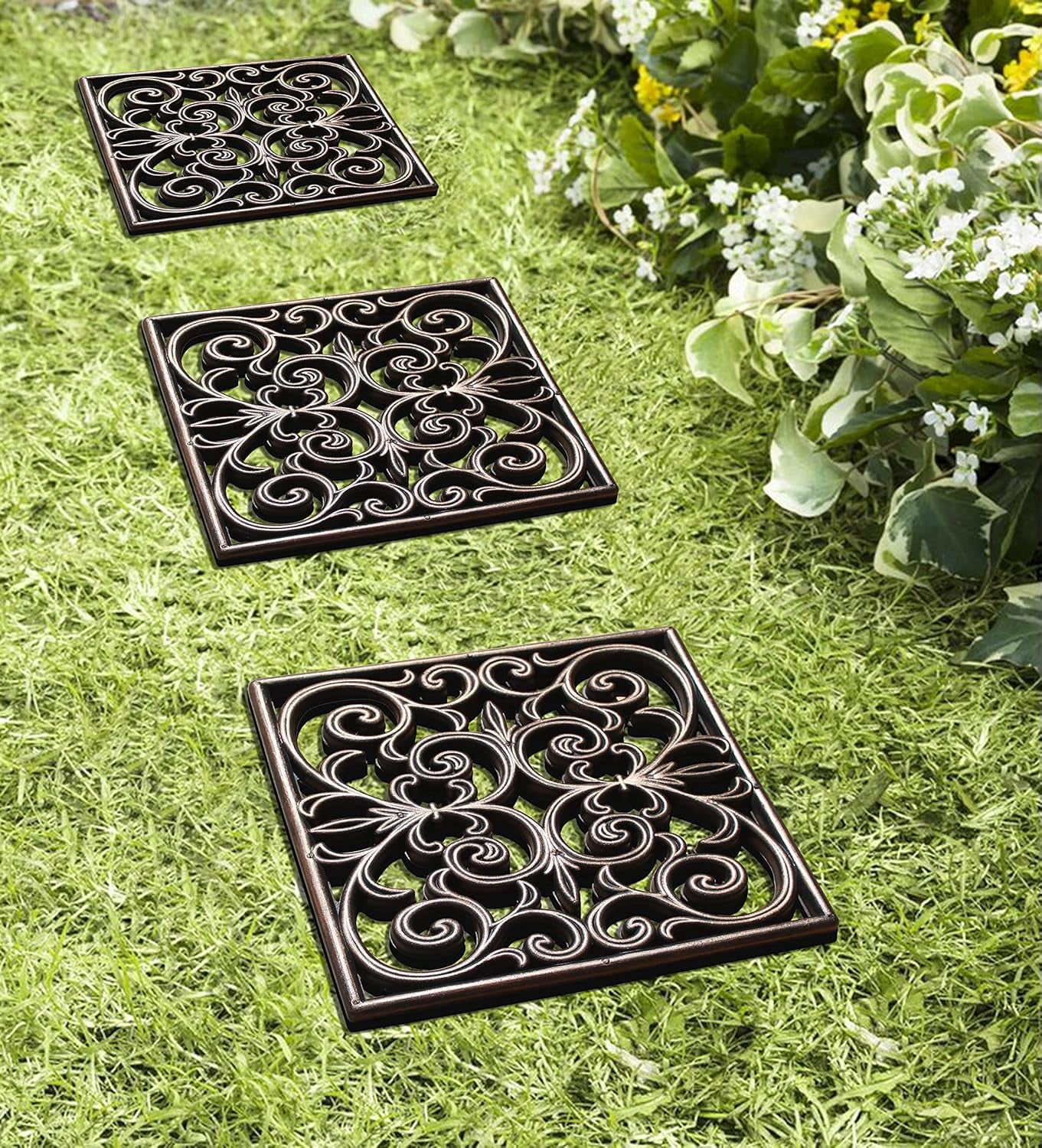A1 Home Collections Heavy-Duty Rubber Garden Stepping Stone Mats, 12"x12", Set of 4, Paisley Square Bronze