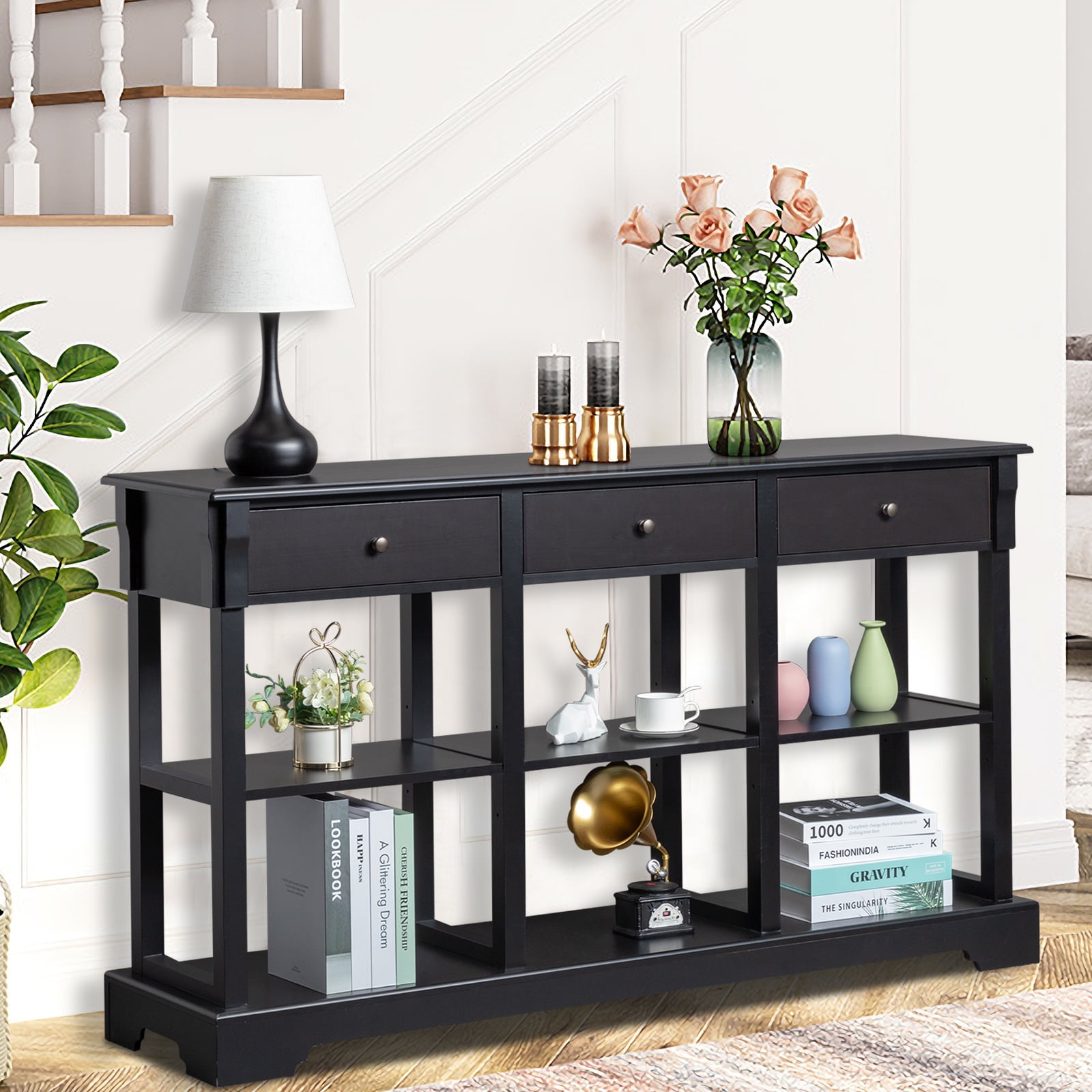 Ktaxon Modern Console Table with 3 Drawers and 3 Storage Shelves, 58" Sofa Table Narrow Long Entryway Table for Living Room