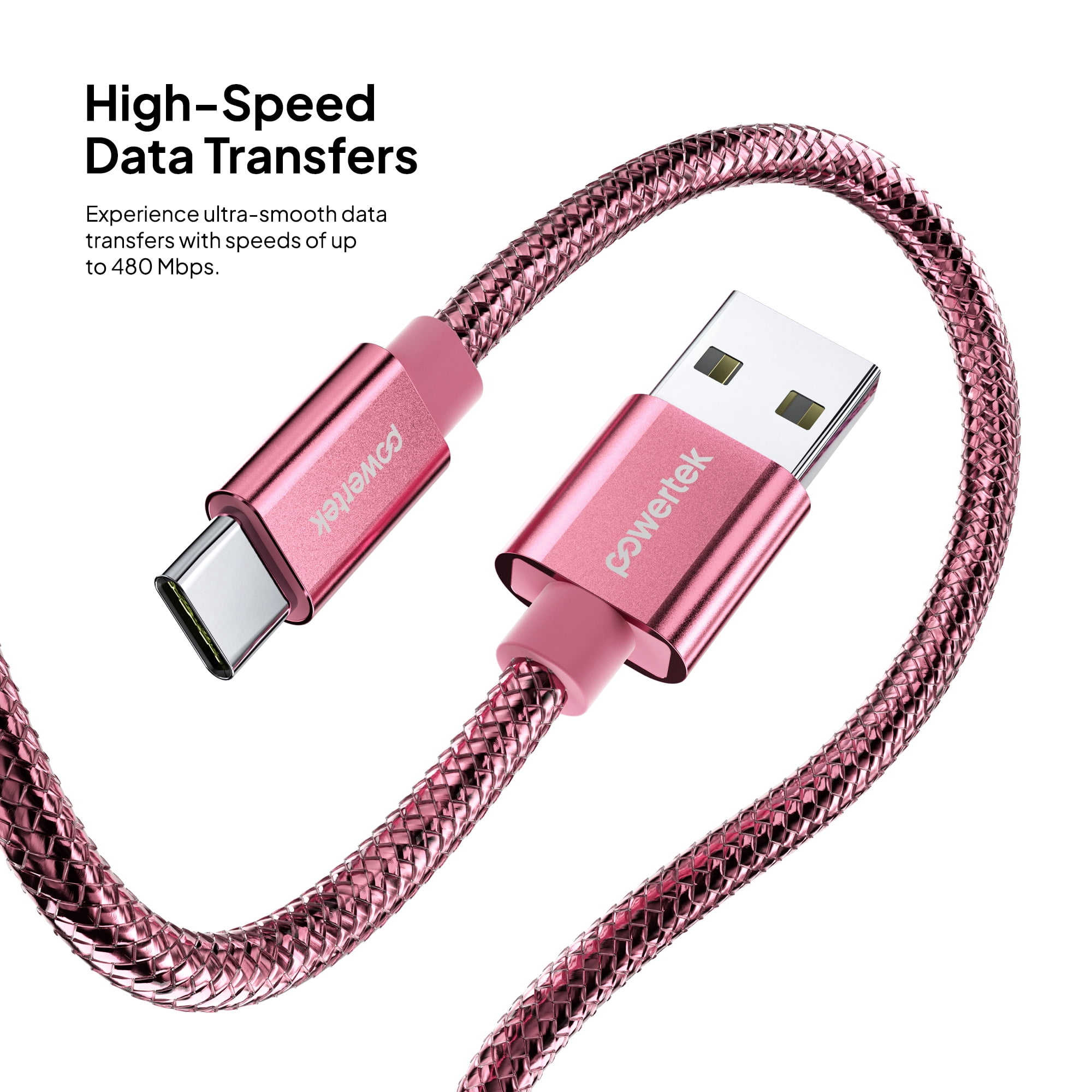 Powertek Luxe 6ft USB-A to USB-C Cable, Pink, Fast Charge & Sync, Metallic Mesh PVC Jacket, Durable Tangle-Free Design