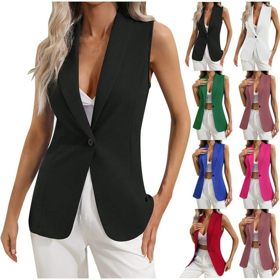 kakina CMSX Women's Sleeveless Blazer Jackets,Summer Fashion Lightweight Single Button Waistcoat Solid Color Open Front Work office Vest Tops