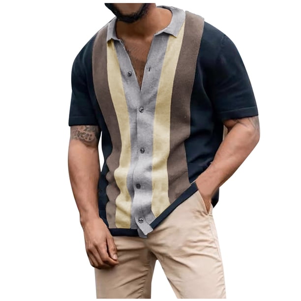 Camisas de manga corta con botones de solapa y costuras de bloques de colores para hombre Pompotops oipoqjl49099