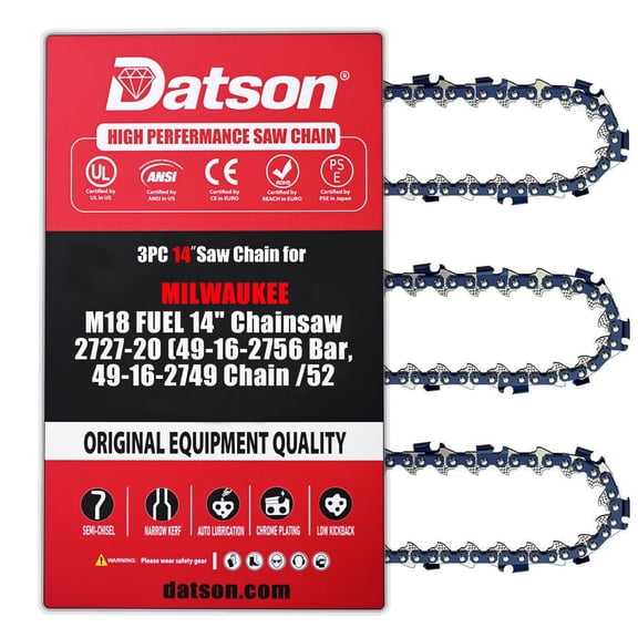 3Pcs 14 Inch Chainsaw Chain 3/8" LP Pitch .043" Gauge 52 Drive Links for MILWAUKEE ：M18 FUEL 14" Chainsaw 2727-20 (49-16-2756 Bar, 49-16-2749 Chain /52 Drive Links)