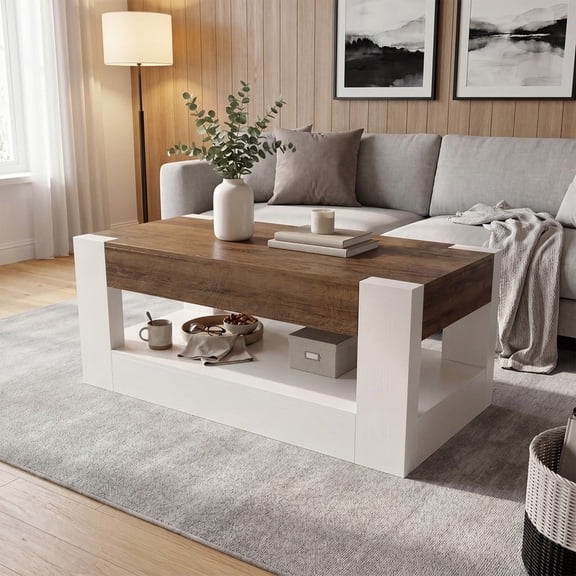 Sonegra Farmhouse Coffee Table with 2 Side Drawers, 47 Inch Rustic Wooden Rectangular Cocktail Table, Multifunctional TV Stand for Living Room,White