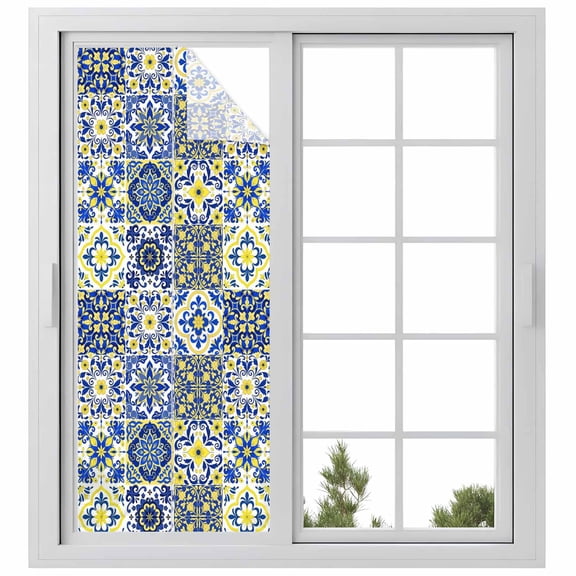 Middle Century Window Privacy Film, Vintage Farmhouse Bohemia Style Blue Static Cling UV Sun Blocking Heat Control Window Tint Day and Night, Non-Adhesive One Way Windows Privacy Cover 23.6''x59''