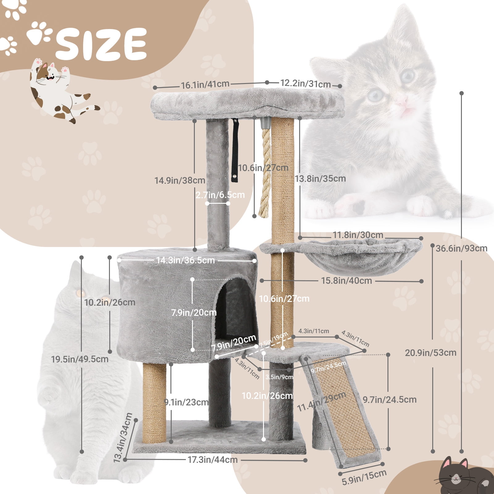 Zephypaws Cat Tree, 42.5-Inches Cat Tower for Indoor Cats, Plush Multi-Level Kitten Cat Condo with Scratching Post,Ramp, Basket, Spacious Cat Cave, Hanging Ball, Light Gray