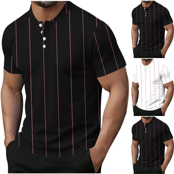 Mens Band Collar Short Sleeve Henley Shirt Pinstripe Mesh Muscle Fit Quick Dry Summer Top 4-Button Performance Tee Father's Day Gift Casual Outdoor Apparel