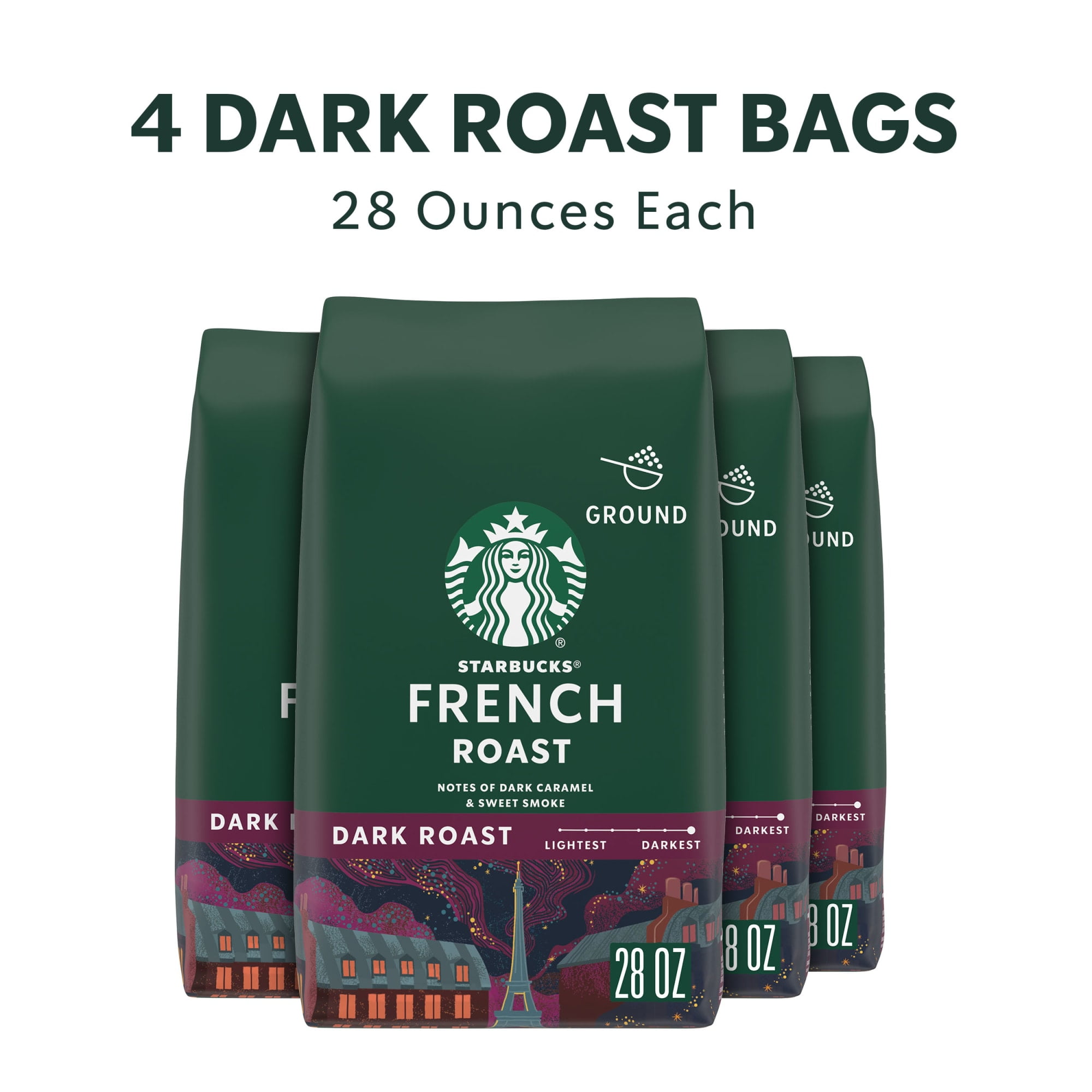 (4 pack) Starbucks French Roast, Flavored Ground Coffee, Dark Roast Hot or Iced Coffee, 28 oz
