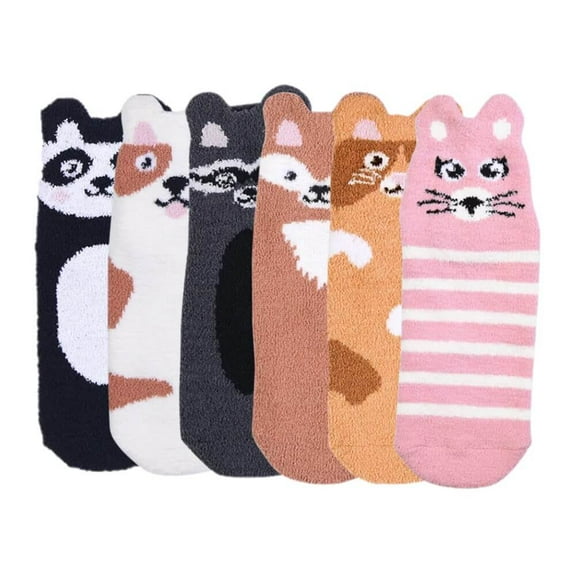 6-PACK Couver Women's Warm Cozy Picot Animal Anklet W/ Grippers, Animal Multi Color Pattern, 6-8