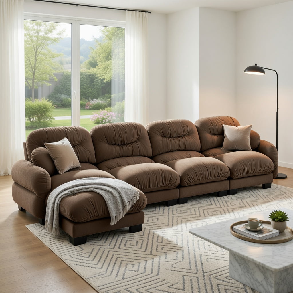 Hommoo Chenille 4-Piece L-Shaped Modular Sectional Sofa Set with Ottoman, Ergonomic High-Density Foam Cushions, Pleated Back Design & 2 Round Throw Pillows, Brown
