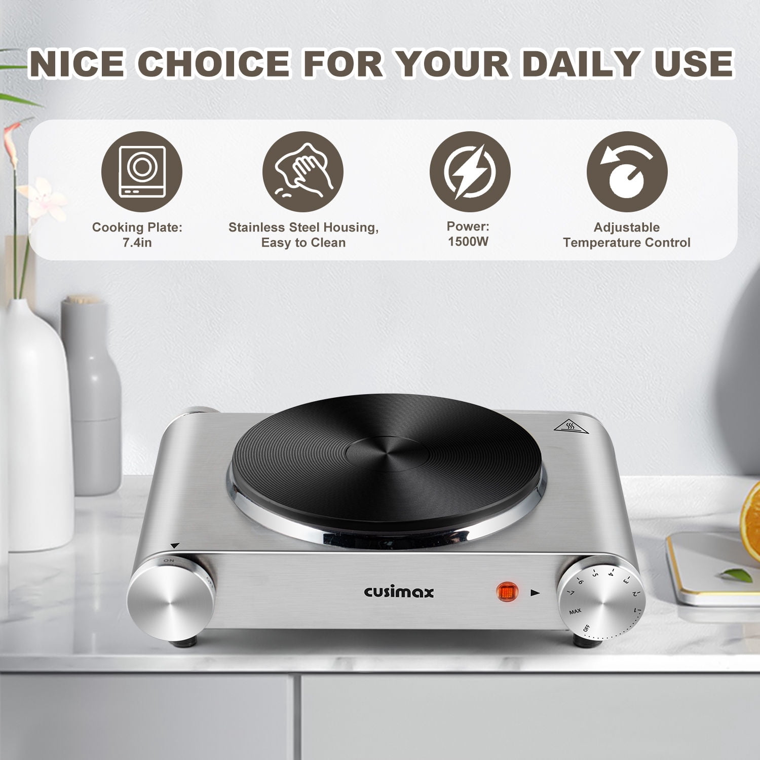 Cusimax Electric Hot Plate For Cooking,1500W Stainless Steel Single Burner