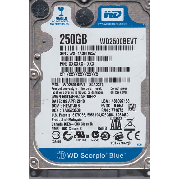 WD2500BEVT-80A23T0, DCM HEMTJHB, Western Digital 250GB SATA 2.5 Hard Drive