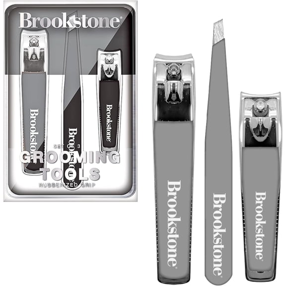 Brookstone Nail Clippers Set - Premium Stainless Steel Nail Clipper and Nail Cutter with Rubberized Non-Slip Grip, Includes Case and Tweezer, Two Nail Clippers for Precision Grooming (Grey)