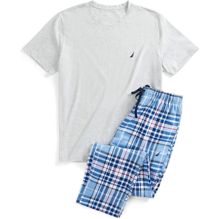 Nautica Men's GREY HEATHER PJ Set S/S Crew Tee and Flannel Pant, L