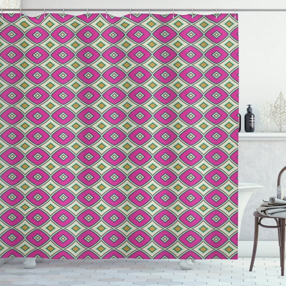 Geometric Shower Curtain, Colorful Ornamental Design with Vibrant Tones Rhombus and Wavy Lines Composition, Fabric Bathroom Set with Hooks, 69W X 70L Inches, Multicolor, by Ambesonne