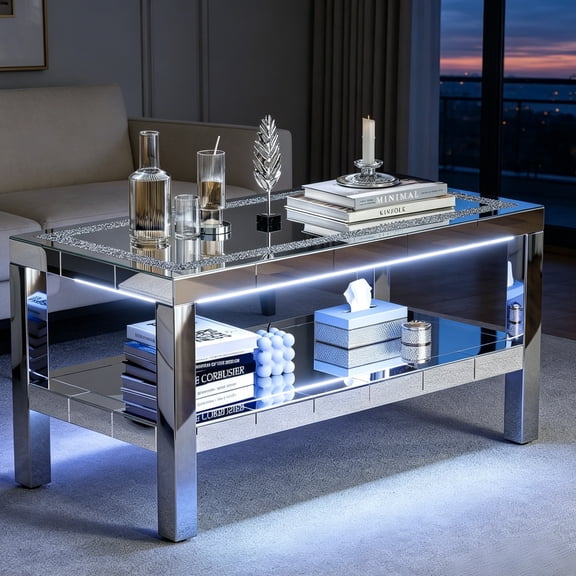 ARICOEASY Modern  Coffee Table with Storage Shelves, Mirrored 2-Tier Coffee Table with LED for Living Room, Home Office