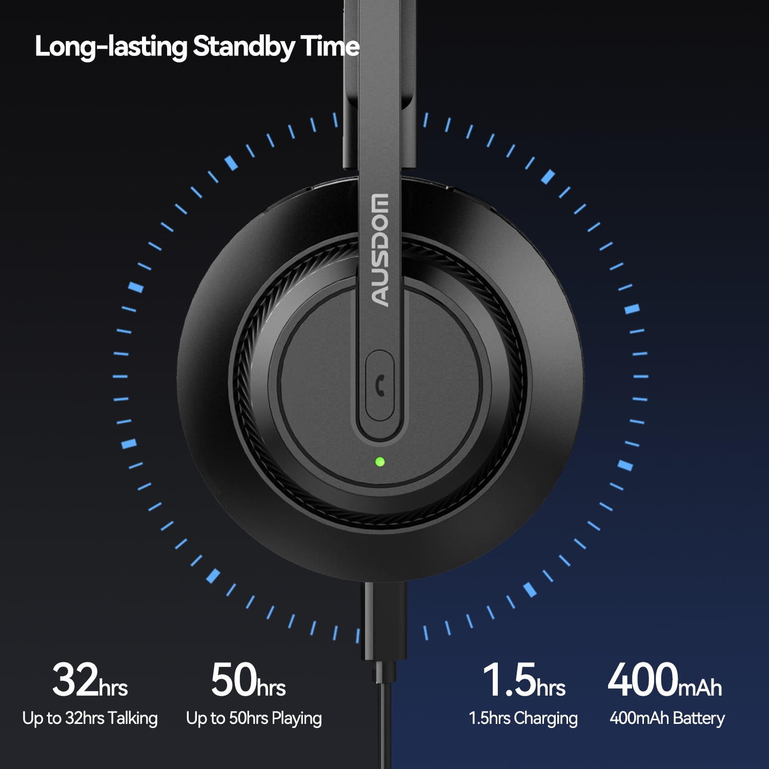 Ausdom Bluetooth Headset with Microphone,Wireless Headset with Noise Canceling Mic for PC,Laptop,Truck Driver,Office,Call Center,32Hrs Talking Time with Charging Cable