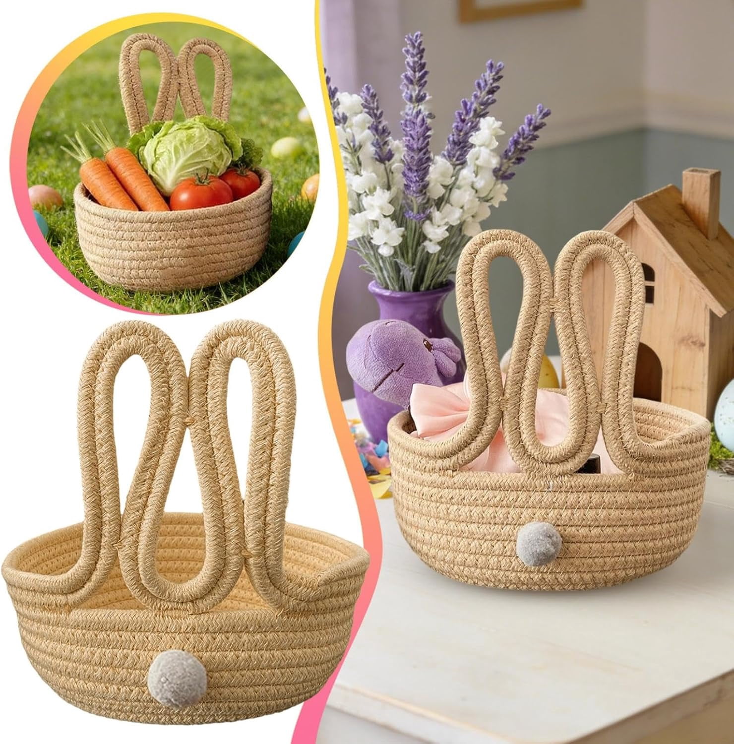 Woven Cotton Rope Easter Basket with Bunny Ears, Kids Storage Basket for Egg Hunt, Rabbit Snack Holder for Home Organizing, Cute Gift Basket(DSF)