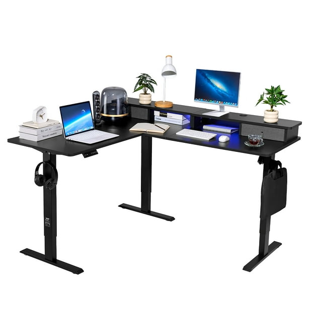 VEVOR Bureau en L Électrique à Hauteur Réglable pour Coin, Bureau de Jeu avec Bande Lumineuse