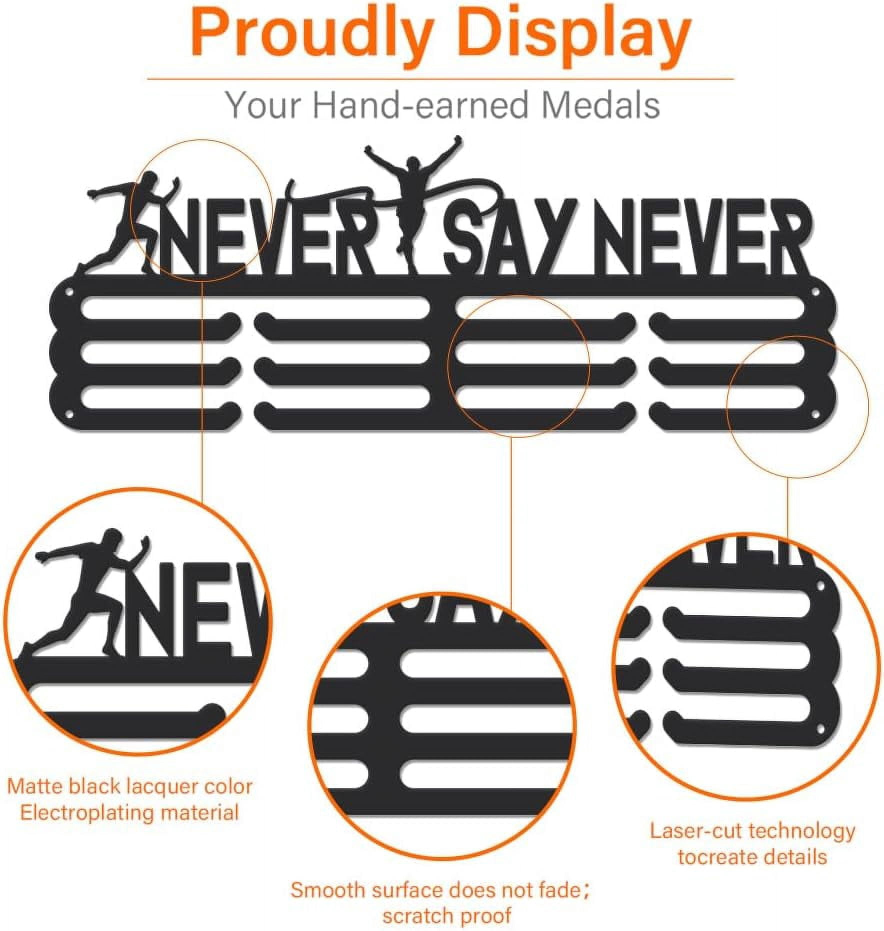 Medal Hanger Display Running Medal Holder Awards Holder Metals Ribbon Display Stainless Steel Medal Holder Never Say Never Sports Medal Hanger Display Award Ribbon Holder for Athletes Black 1set