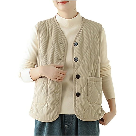 Akafmk Puffer Vests for Women,Sleeveless Winter Warm Jacket Coats,Women's Loose Casual Solid Color Corduroy Hooded Jacket Top Coats Vests for Fall and Winter