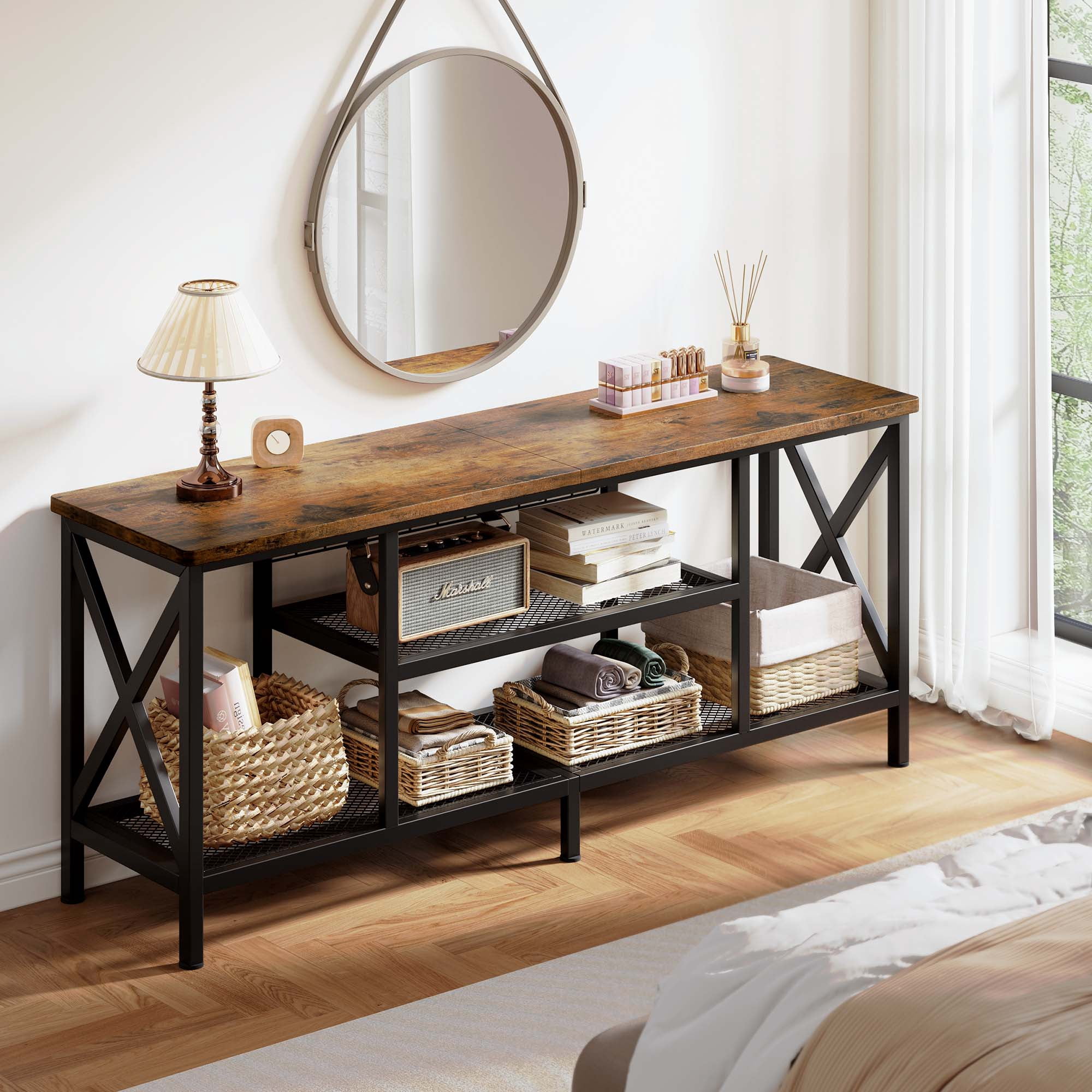 Aiho 59.8" Industrial 3-Tier Media Entertainment Center with Open Shelves & Metal Frame - Spacious TV Stand for 55-65 Inch TVs, Versatile Sofa Table for Living Room, Bedroom, Office - Rustic Brown