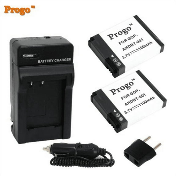 Progo Power Pack (Two Li-Ion Rechargeable Batteries and Pocket Travel AC/DC Wall Charger with Car Adapter & US to European plug) for Gopro AHDBT-001 AHDBT-002 AHDBT001, Fits Gopro HD Motorsports HERO,