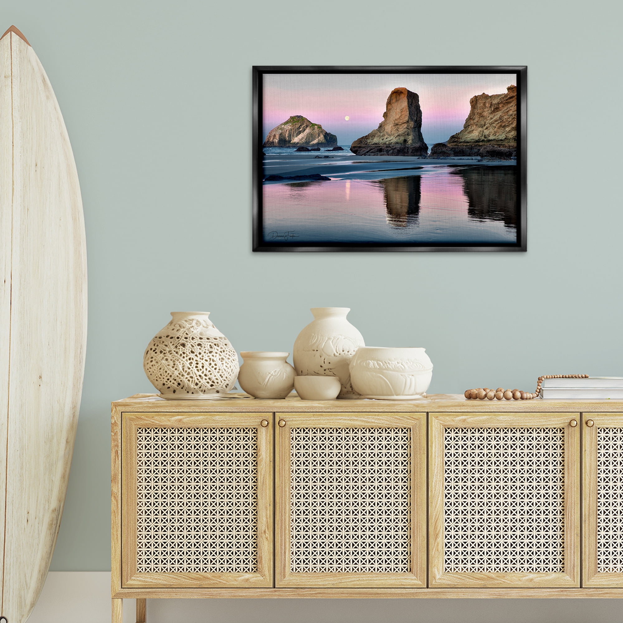 Stupell Industries Moonlit Beach Cliffs Landscape Photography Black Floater Framed Canvas Art Print Wall Art, 31 x 21