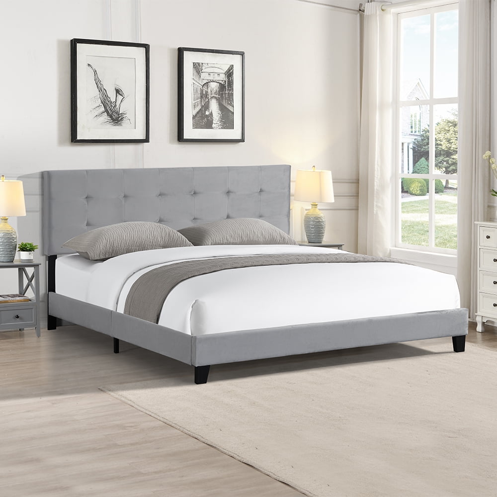 Queen Size Upholstered Linen Platform Bed Frame Headboard w/Wood Slats Gray 