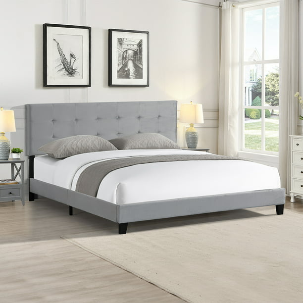 Gray Upholstered Platform Bed King, King Size Platform Bed Frame With Headboard Upholstered Tufted Wooden Slats