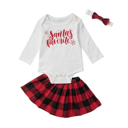

BSDHBS Girls Outfit Xmas Baby Girls Long Sleeve Letter Romper Tops Plaid Skirt with Headbands Christmas 3PCS Outfits Set