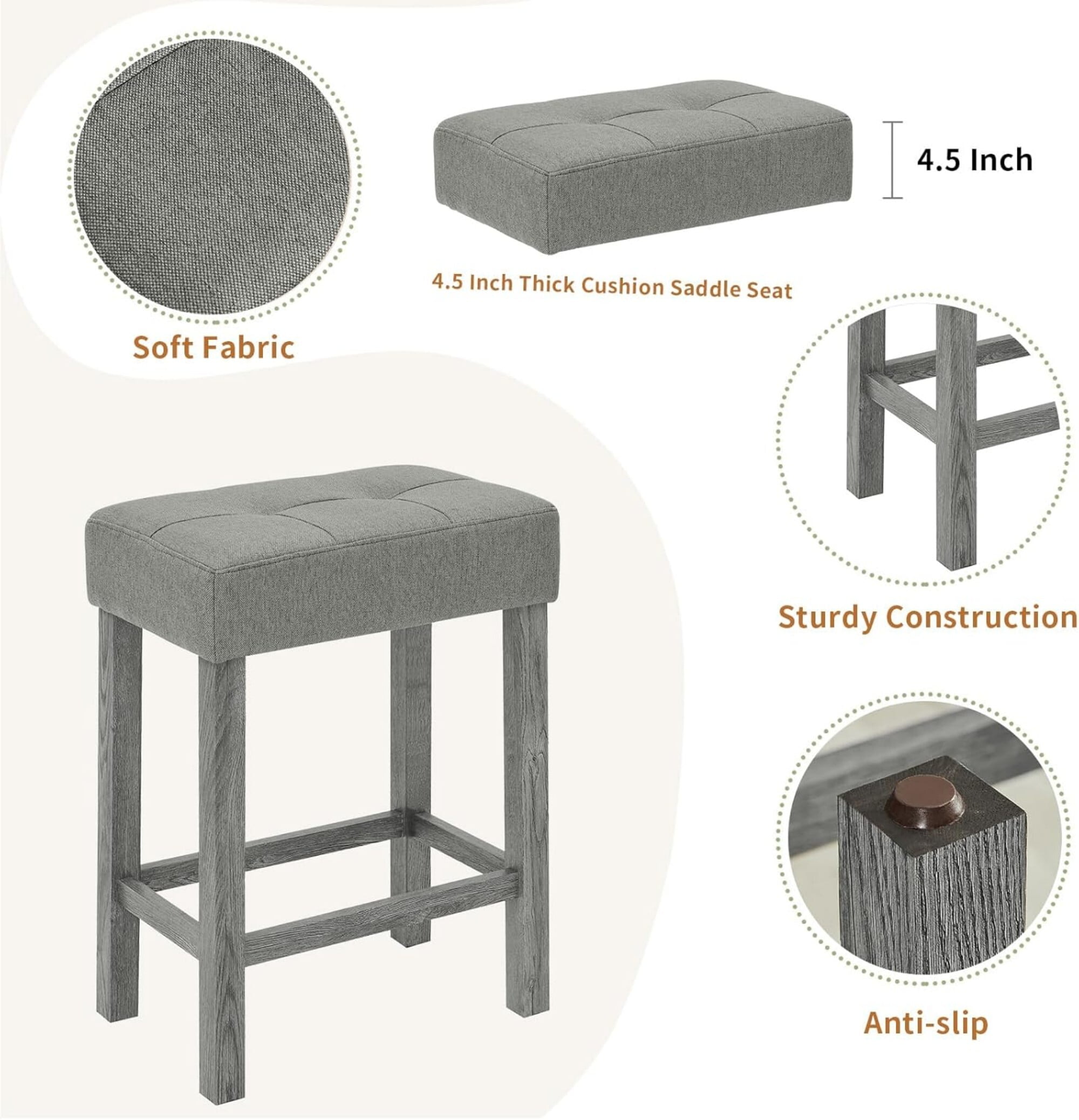 AENKYO 4-Piece Bar Table Set with Charging Station, 59" Counter Height Table and 3 Upholstered Stools for Small Space, Gray