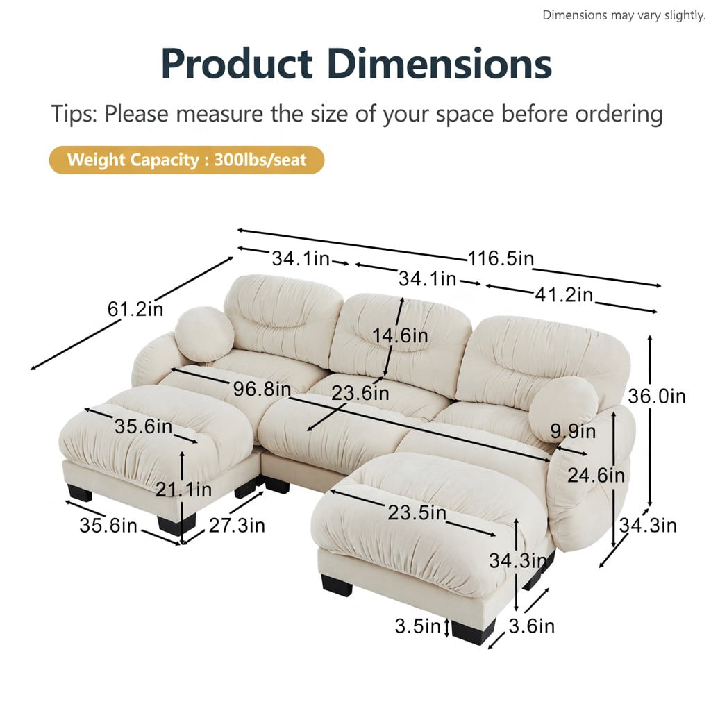 Hommoo Chenille U-Shaped Modular Sectional Sofa with Ergonomic Foam, Pleated Back Design, 3-Seat + 2 Ottomans + 2 Throw Pillows, Soft Cloud-Like Comfort, Beige