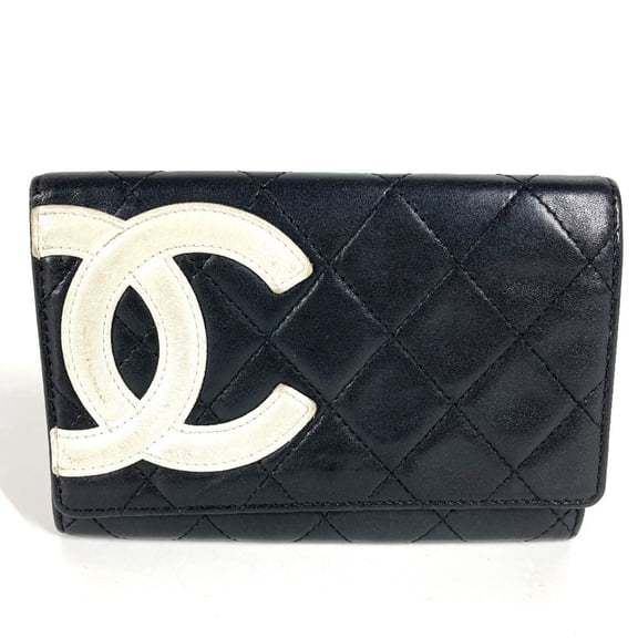 Pre-Owned CHANEL Cambon CC Coco Mark Logo Compact Wallet, Leather, Women's, Black (Good)