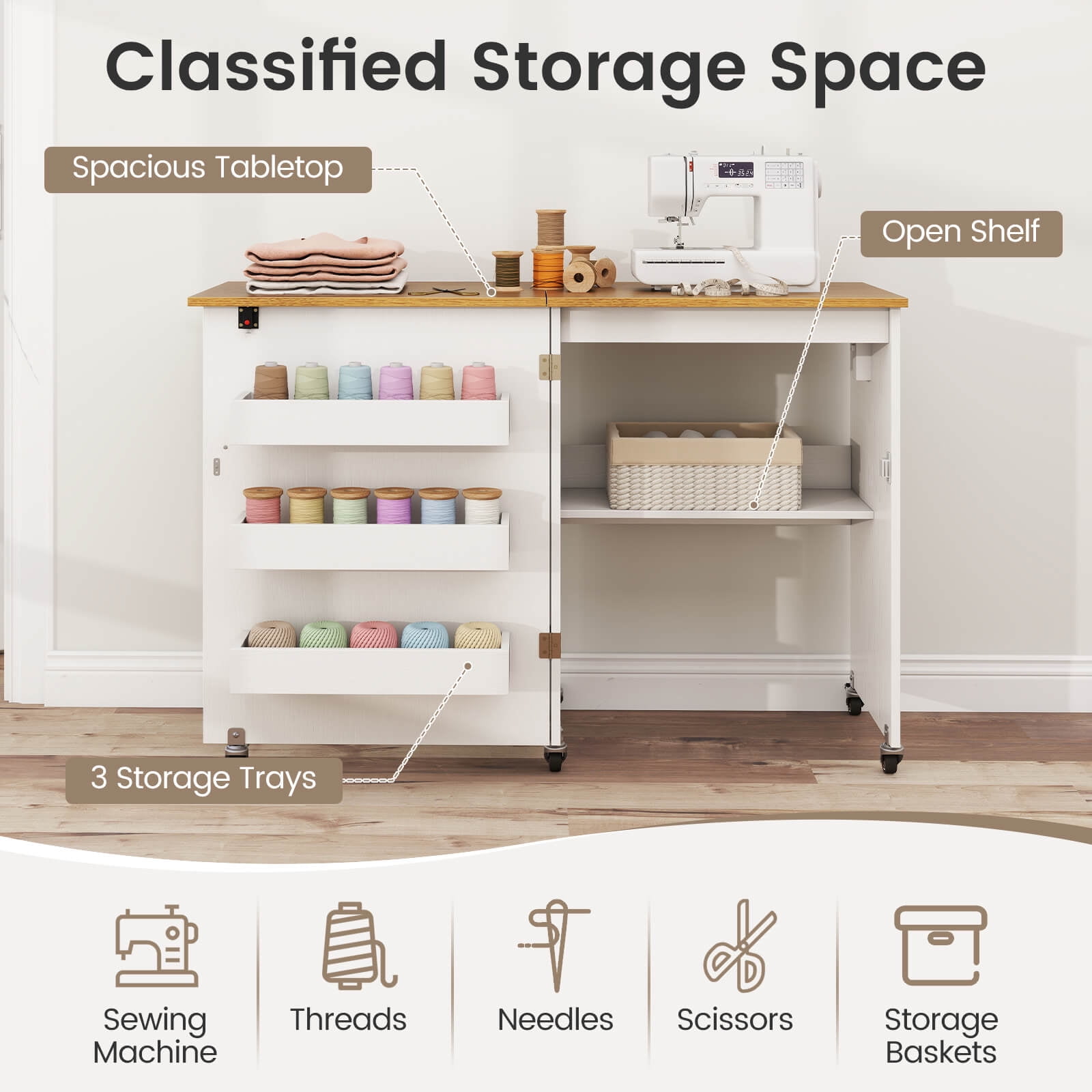 Costway Folding Sewing Table Rolling Craft Station with 3 Storage Bins & Charging Station White+natural