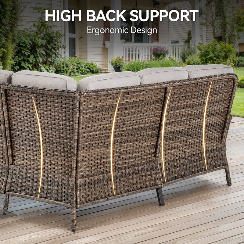 PARKWELL Outdoor Furniture Sectional Sofa L Shaped Couch,Patio Wicker 5-Seat High Back Conversation Set for Balcony Yard,Brown Wicker Beige Cushion