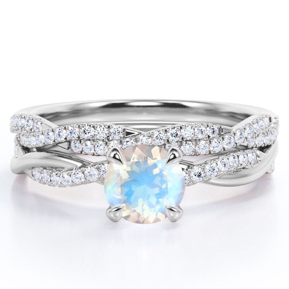 JeenMata Twisted Pave - 1.75 Carat Round Shaped Rainbow Moonstone and Moissanite - Four Prong Wedding Set - 18K White Gold Plating over Silver