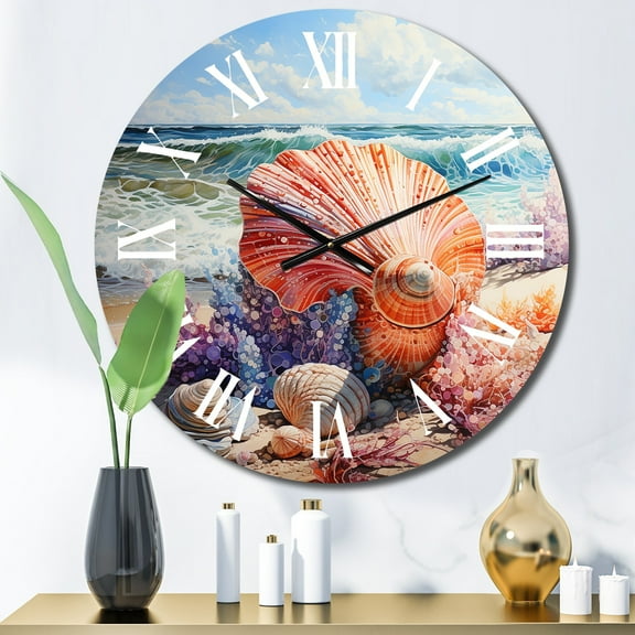Designart "Beach Seashell Euphony Pointillism" Animals Oversized Wall Clock