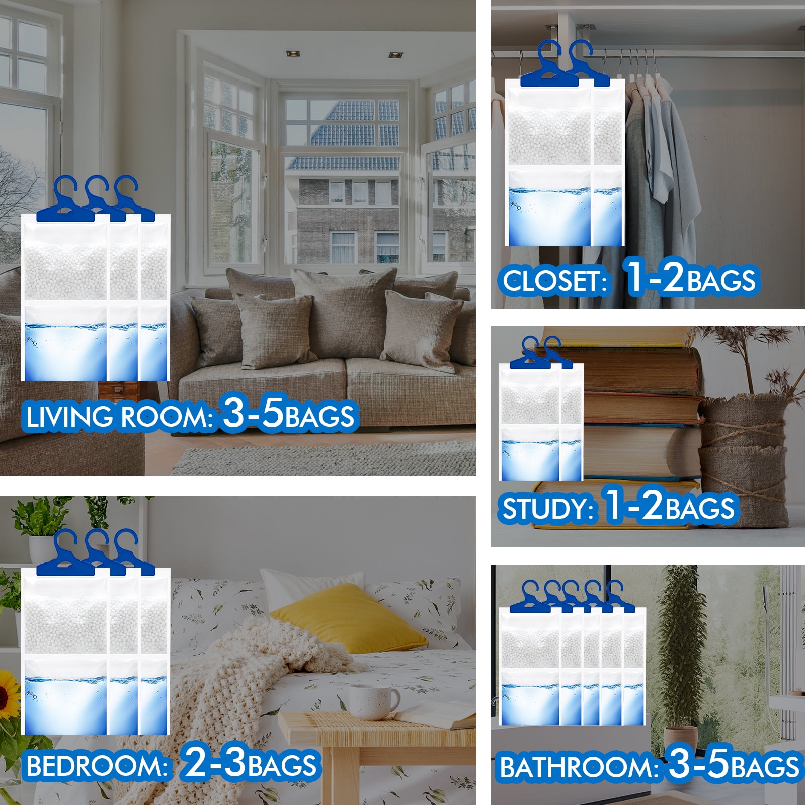 XKLN Moisture Absorber Packets 9 Pack, Humidity Packs, Hanging Closet Dehumidifier Bags,  9.8OZ