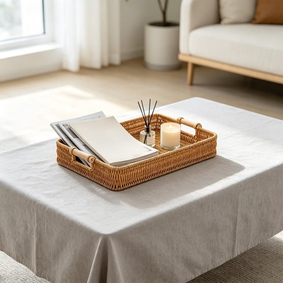 Gallickan Rectangular Plastic Woven Serving Tray with Wooden Handles Decorative Rattan Style for Coffee Table Kitchen Home Decor Large