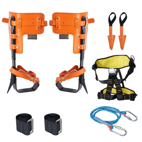 KFFKFF Alloy Steel Tree Climbing Kit, Includes 1 Pair of Spikes, Safety Harness, and Rope, Supports up to 350lbs, Essential Gear for Tree Work and Fruit Harvesting, Orange