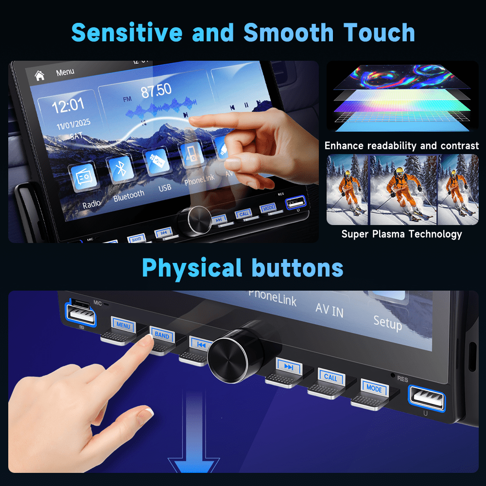 Podofo 7’’ Single Din Car Stereo with wireless CarPlay/Android Auto,Mirror Link, Rear View Camera USB&Type-C FM SWC BT EQ MIC