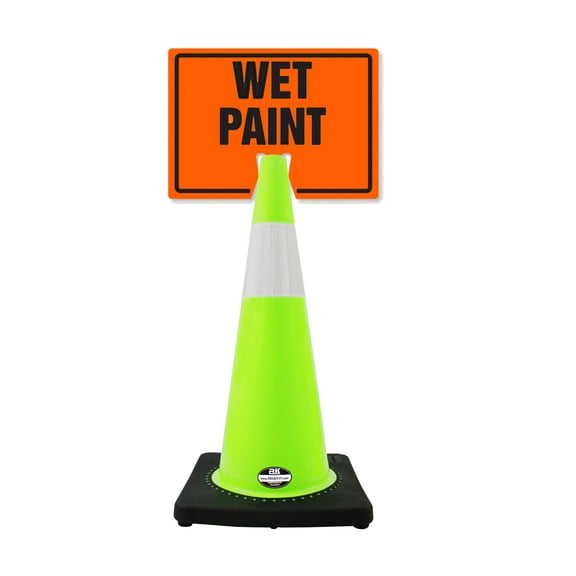 RK-Safety 28" Lime Cone, Black base With One 6" Reflective Tape, Plus Cone Sign 32 "Wet Paint", (Cone-4 ea   Cone Sign-4 ea)