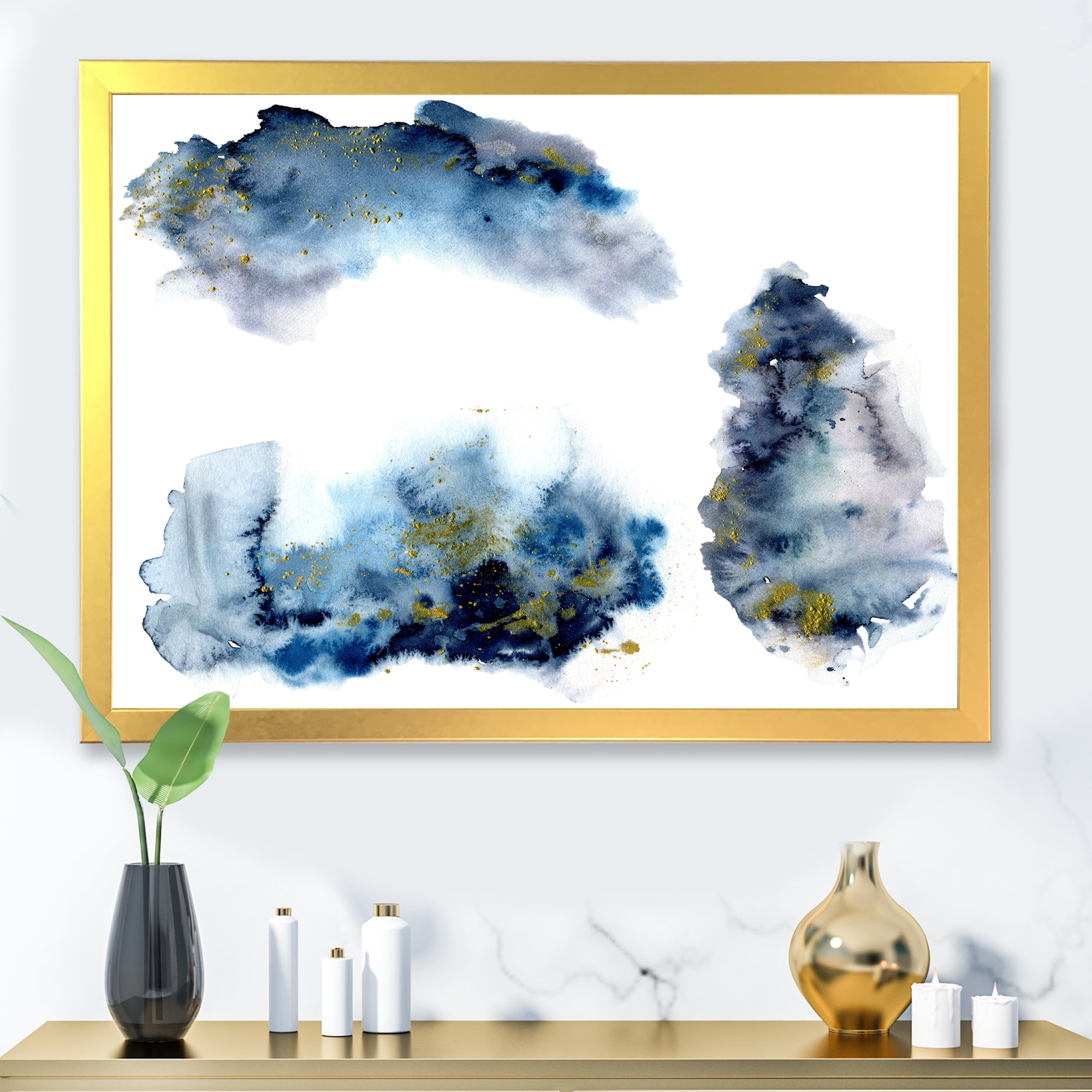 Designart 'Gray and Blue Clouds With Golden Glitter' Modern Framed Art Print