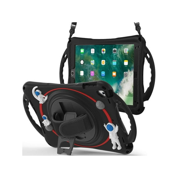 Cute Case for iPad 6th 5th Generation 9.7 inch 2018 2017, iPad Air 2, Air 1, iPad Pro 9.7, Shockproof Silicone Astronaut Cover with Stand Shoulder Strap, Handle Grip, Pencil Holder