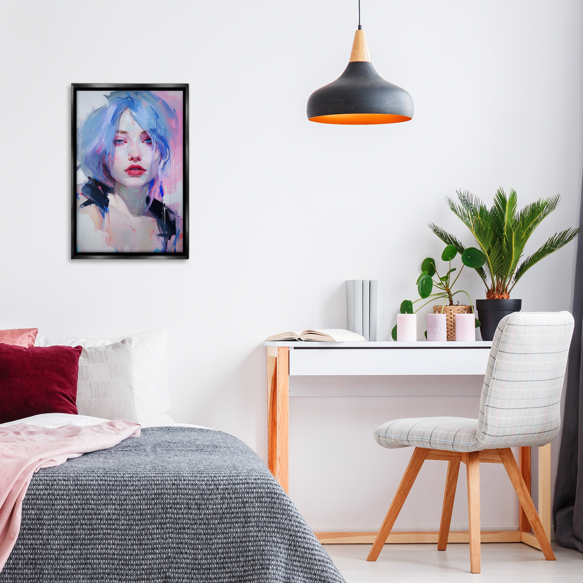 Stupell Industries Blue Haired Woman Visage Novelty Painting Black Floater Framed Art Print Wall Art, 17 x 25