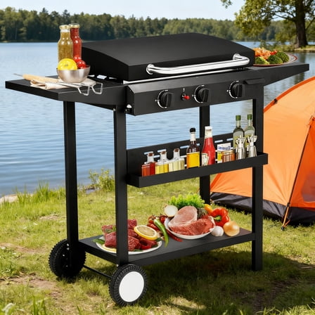 iCapeson 3-Burner Flat Top Gas Griddle, 30,000 BTU Outdoor Cooking Station with Ceramic-Coated Surface & Side Shelves, Portable BBQ Grill for Backyard, Patio, Camping