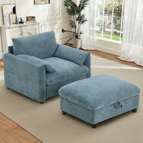 Muumblus Accent Chair with Storage Ottoman, Indoor Chaise Lounge Armchair with USB & Phone Stand, Blue Chenille